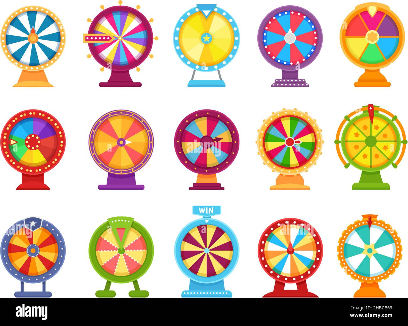 Fortune wheels, spinning roulette, lucky spin game. Casino gambling wheel, colorful turning roulette, jackpot lottery games flat vector set. Opportunity to win or lose, entertainment Stock Vector