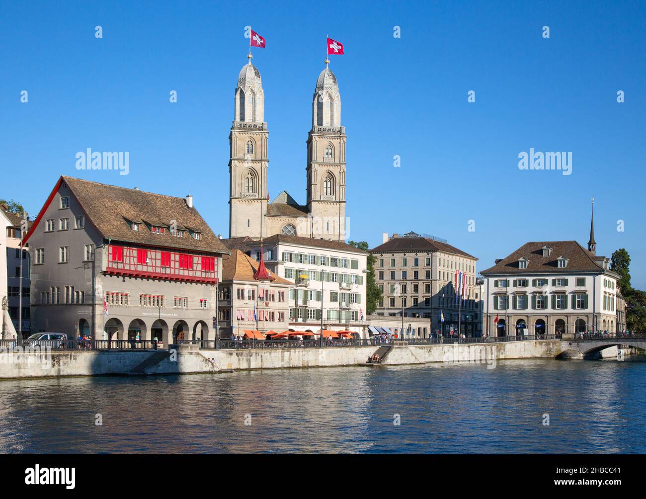 Famous double-headed "Grossmunster" cathedral in Zurich, Switzerland ...