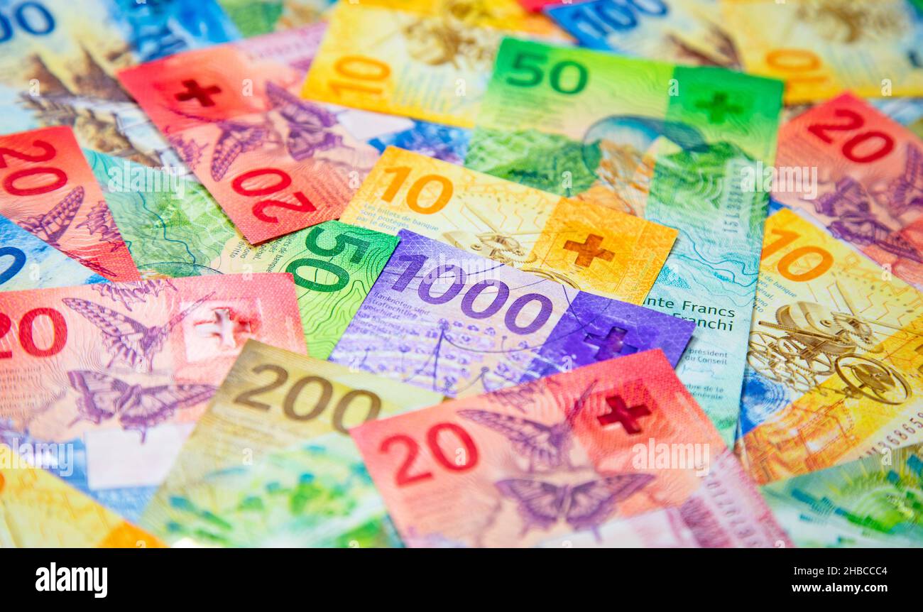 All Swiss Notes Collection of the new swiss banknotes (issued in 2017-2019 Stock Photo ...