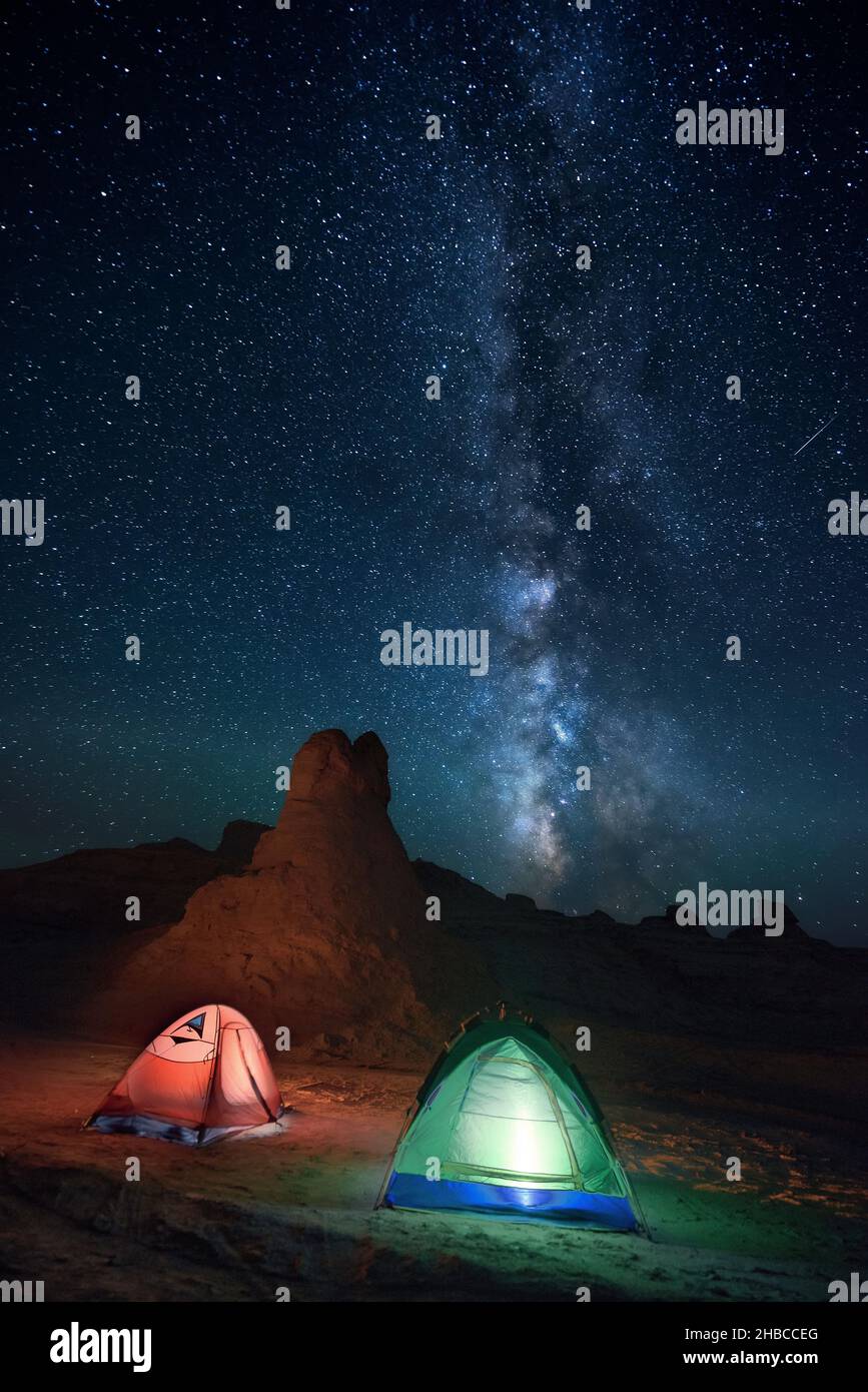 Vertical shot of tents under the starry night sky Stock Photo - Alamy