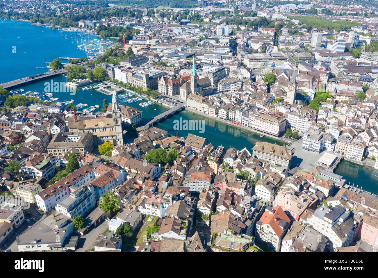 Aerial view of Limmat river and famous Zurich churches. Zurich is ...
