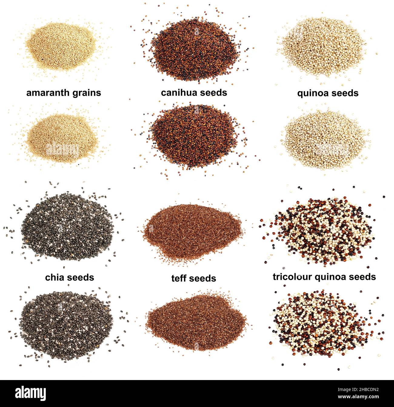 set of piles of variuos pseudocereal grains anf teff with names cutout on white background Stock Photo