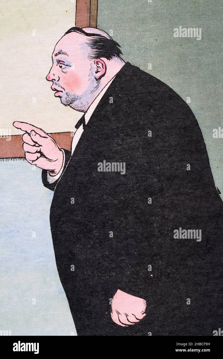 Vintage illustration of overweight balding man pointing or wagging his finger, detail of an illustration by Henry Gerbault, 1890s, French Stock Photo