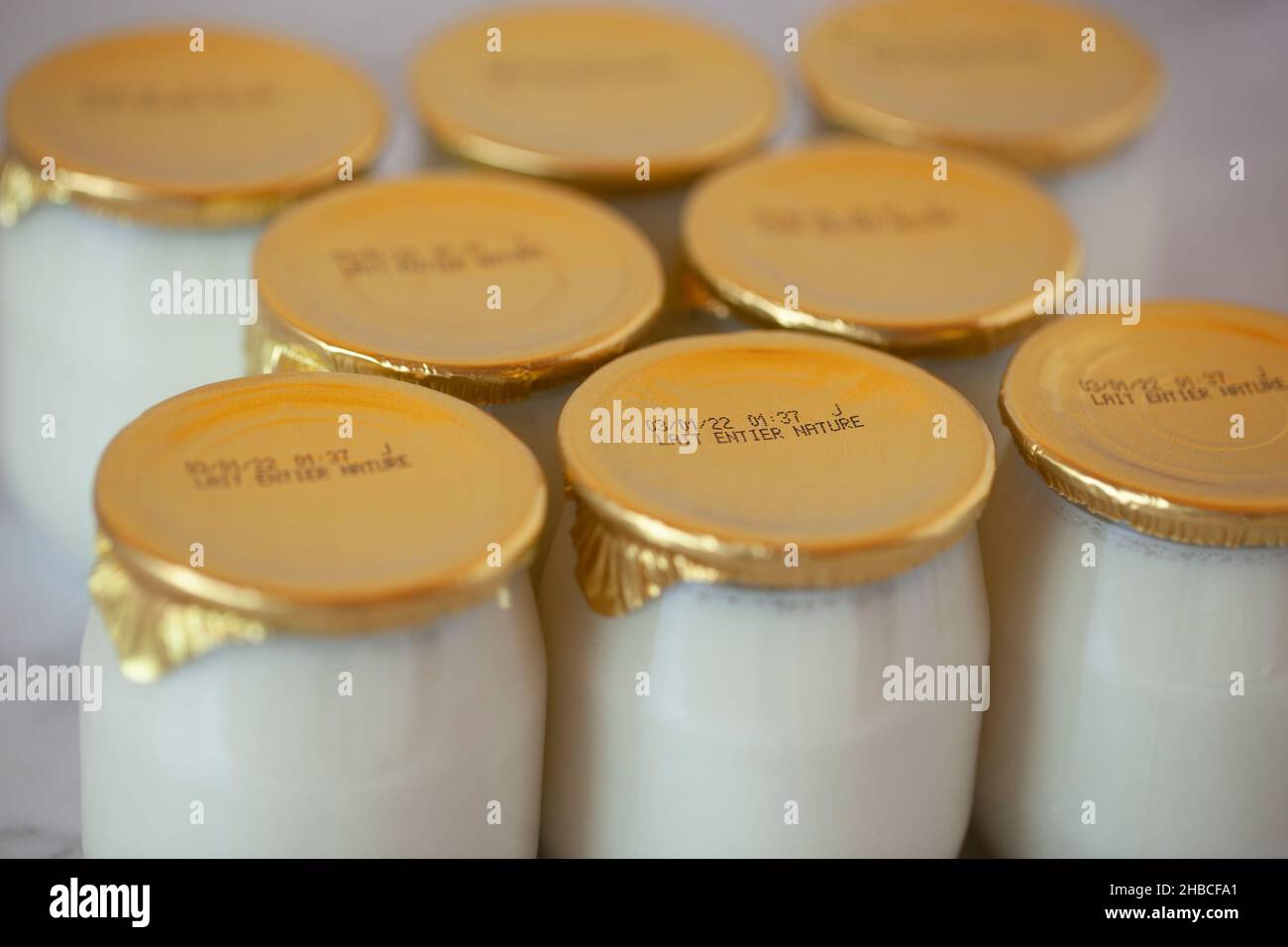 natural whole milk industrial yogurt in glass pots with the expiration