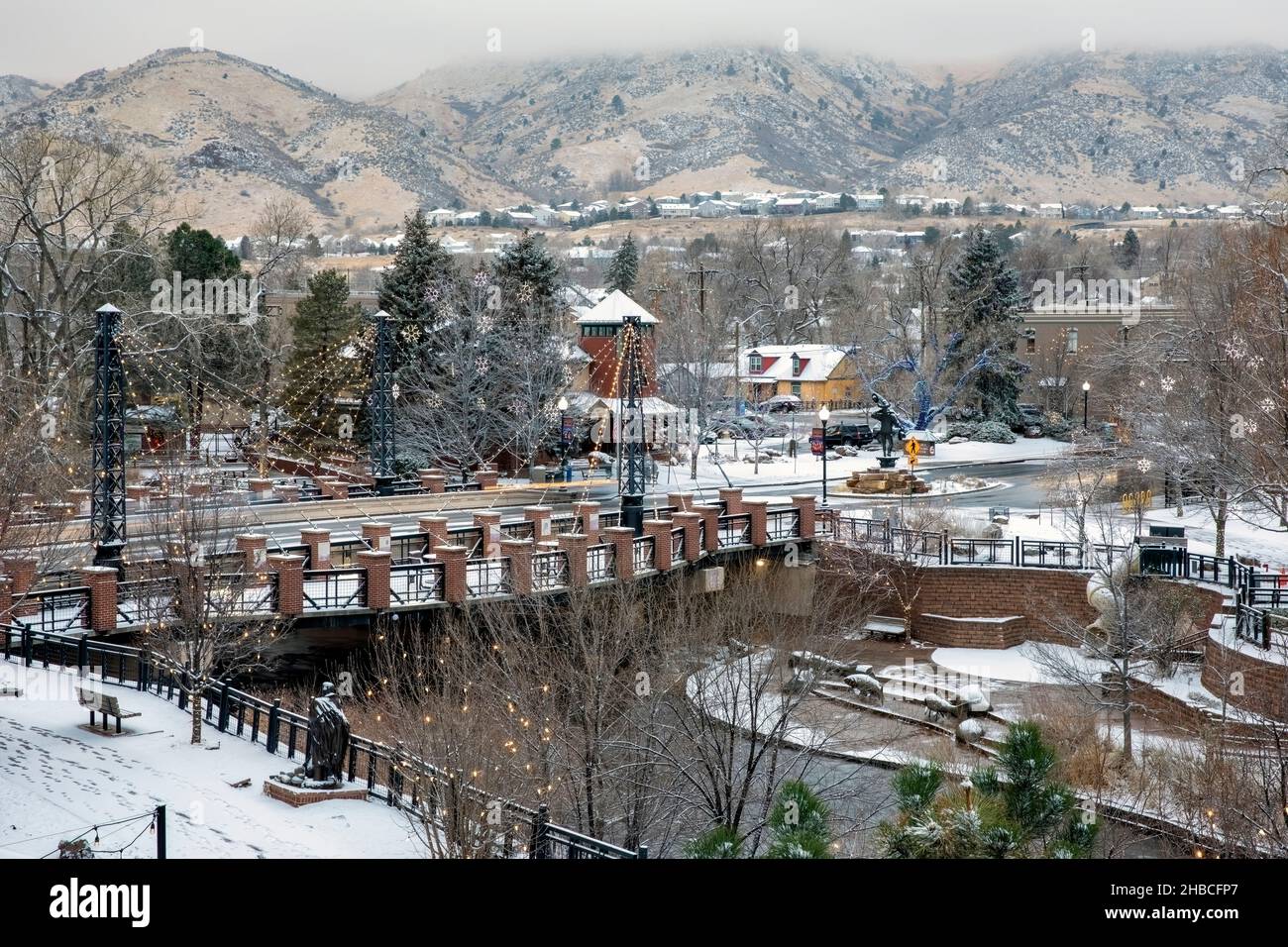 A winter wonderland landscape - Washington Avenue Bridge over Clear Creek in Golden, Colorado, USA Stock Photo