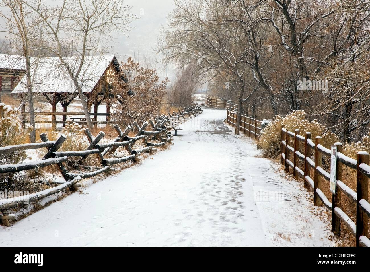 Snow-covered Clear Creek Trail - Golden History Park, Golden, Colorado, USA Stock Photo