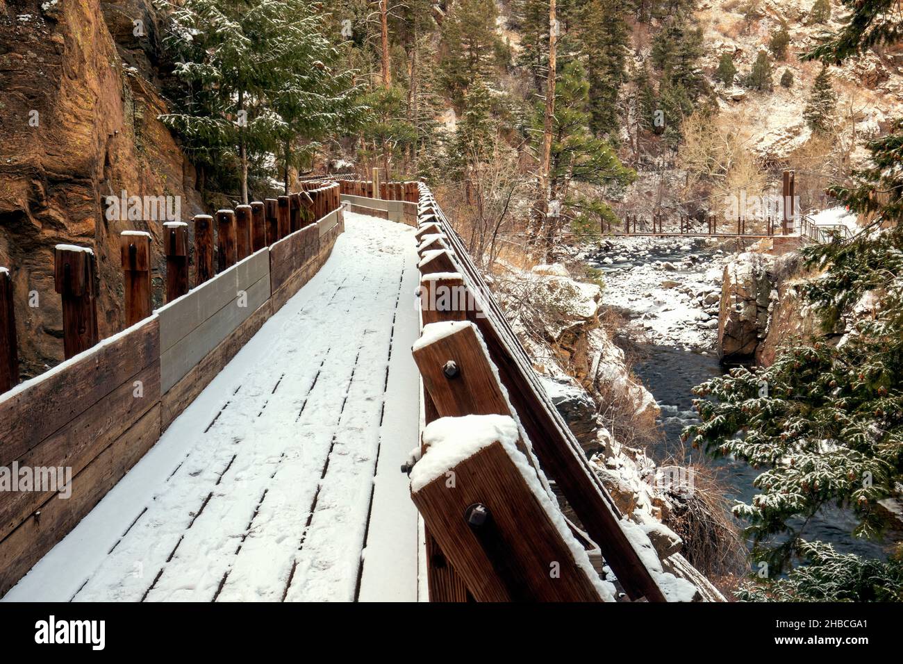 Old wooden flume on Welch Ditch Trail in Clear Creek Canyon. Part of the Peaks to Plains Trail - near Golden, Colorado, USA Stock Photo