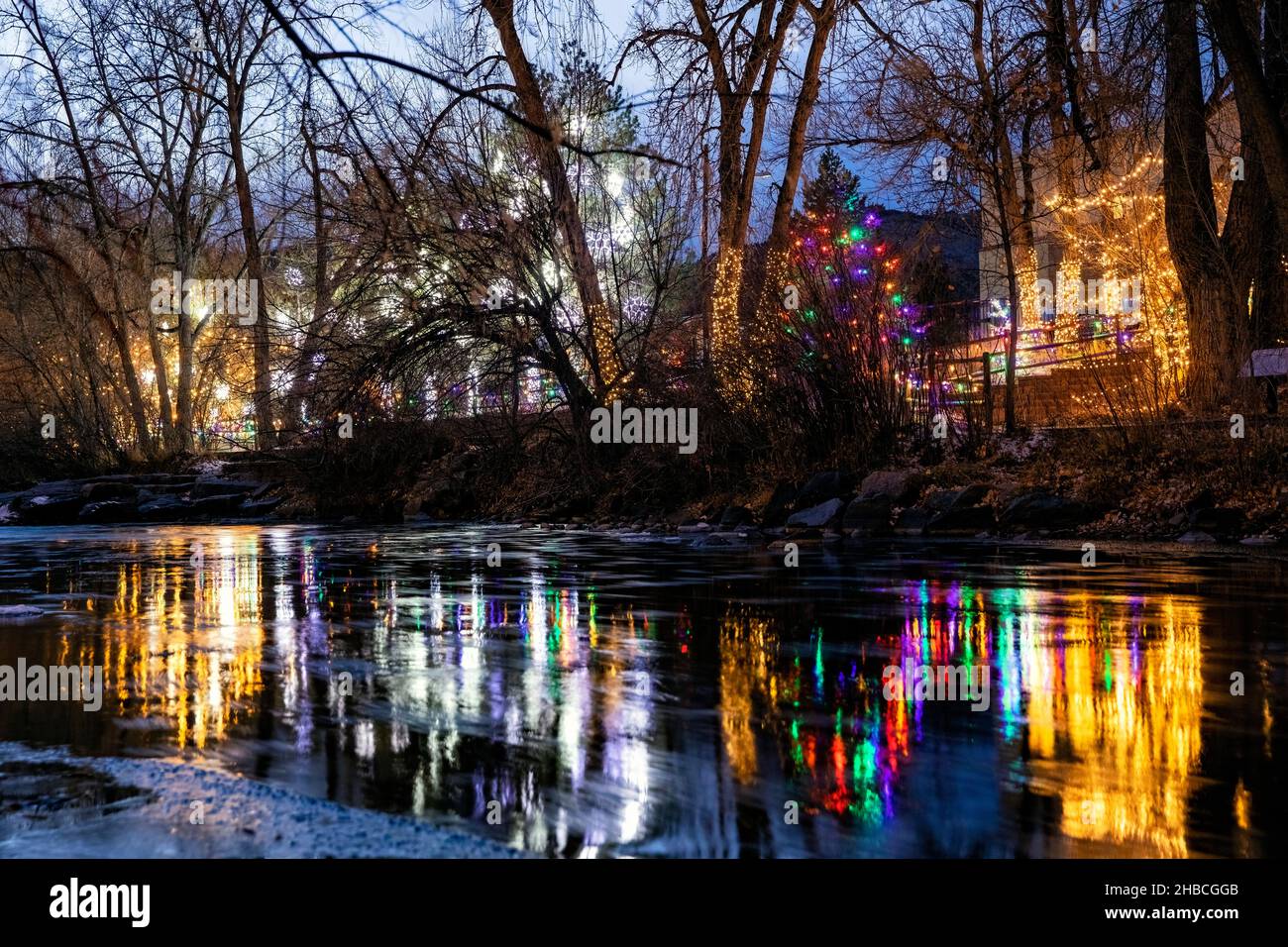 Christmas lights along Clear Creek Trail in Golden, Colorado, USA Stock Photo