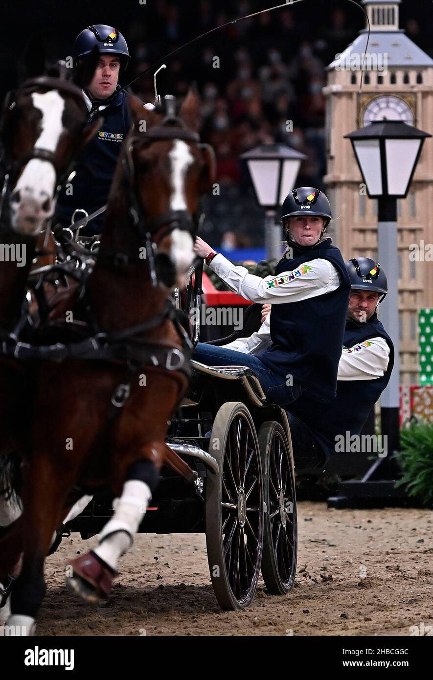 Royal Victoria Dock, United Kingdom. 18th Dec, 2021. London International Horse Show. Excel London. Royal Victoria Dock. Dries Degrieck (BEL) with horses DAGERAAD, FREDERIK-JANE, HUNTER and KANE B during class 13 - The FEI Driving World Cup. Credit: Sport In Pictures/Alamy Live News Stock Photo