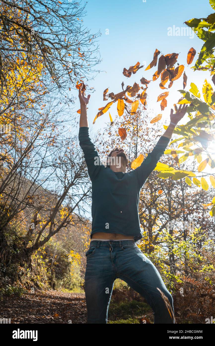young man plays with yellow leaves falling down. vertical composition Stock Photo