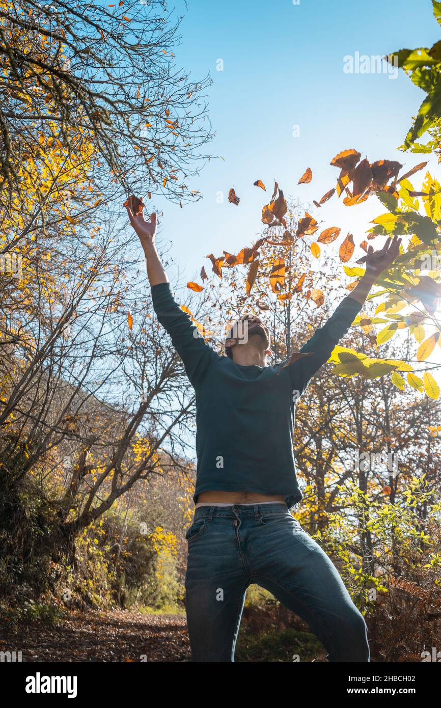 young man plays with yellow leaves falling down. vertical composition Stock Photo
