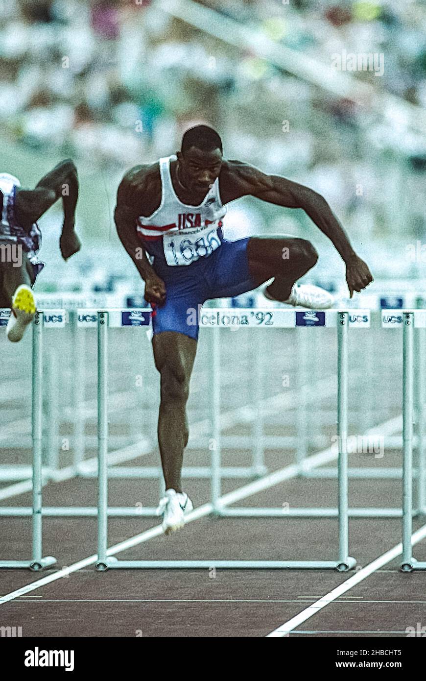 Tony Dees (USA) competing in the 110m hurdles at the 1992 Olympic
