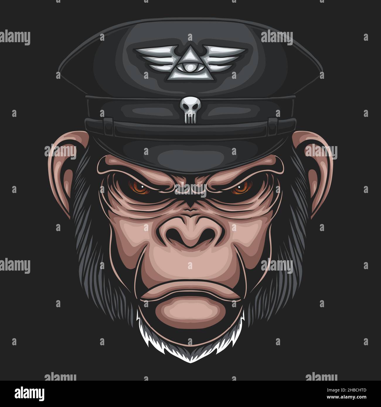 Chimpanzee wearing military hat vector illustration Stock Vector