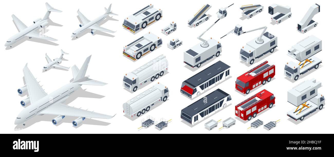 Isometric Service Vehicles, Self-Propelled Ladder, Airplane passenger plane. Business aircraft, Corporate jet. Aerodrome Tow Tractor, Gasoline and Stock Vector