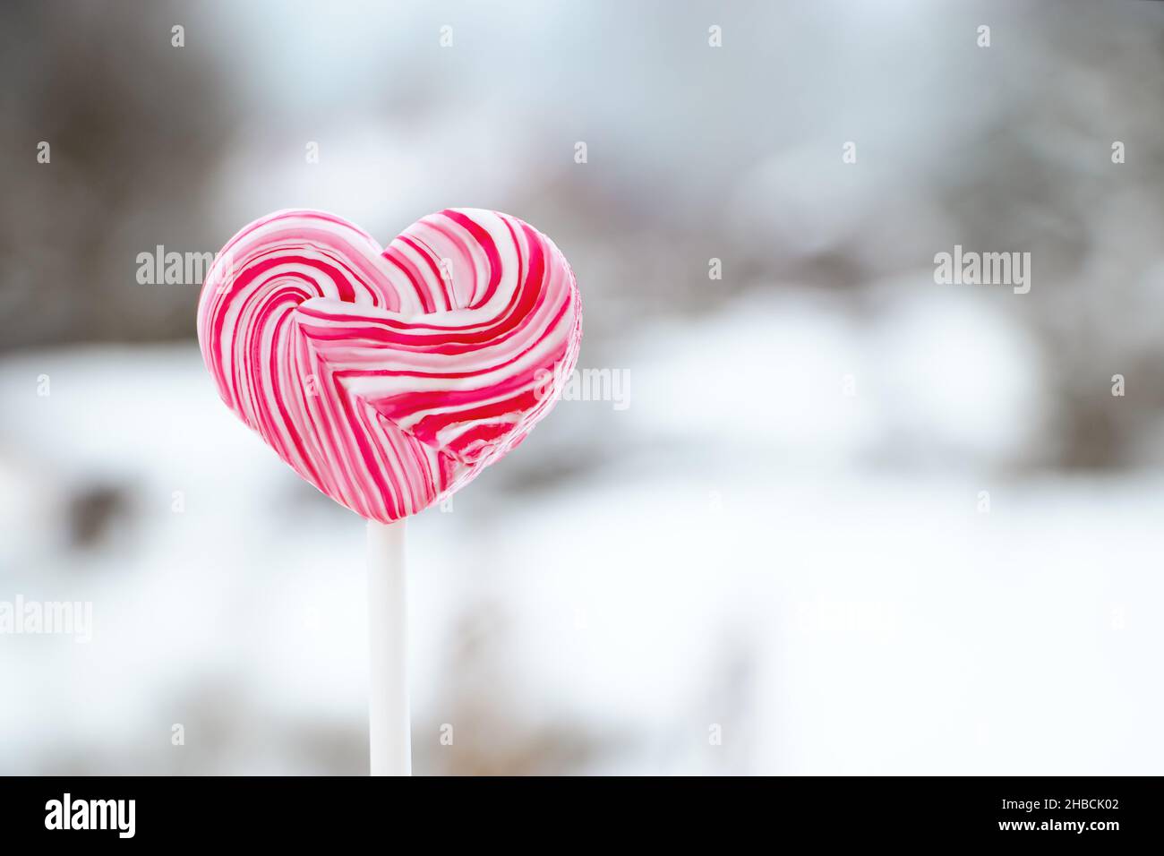 Heart shaped pink lollipop. Caramel candy on a stick. Sweet gift for valentines day. Stock Photo