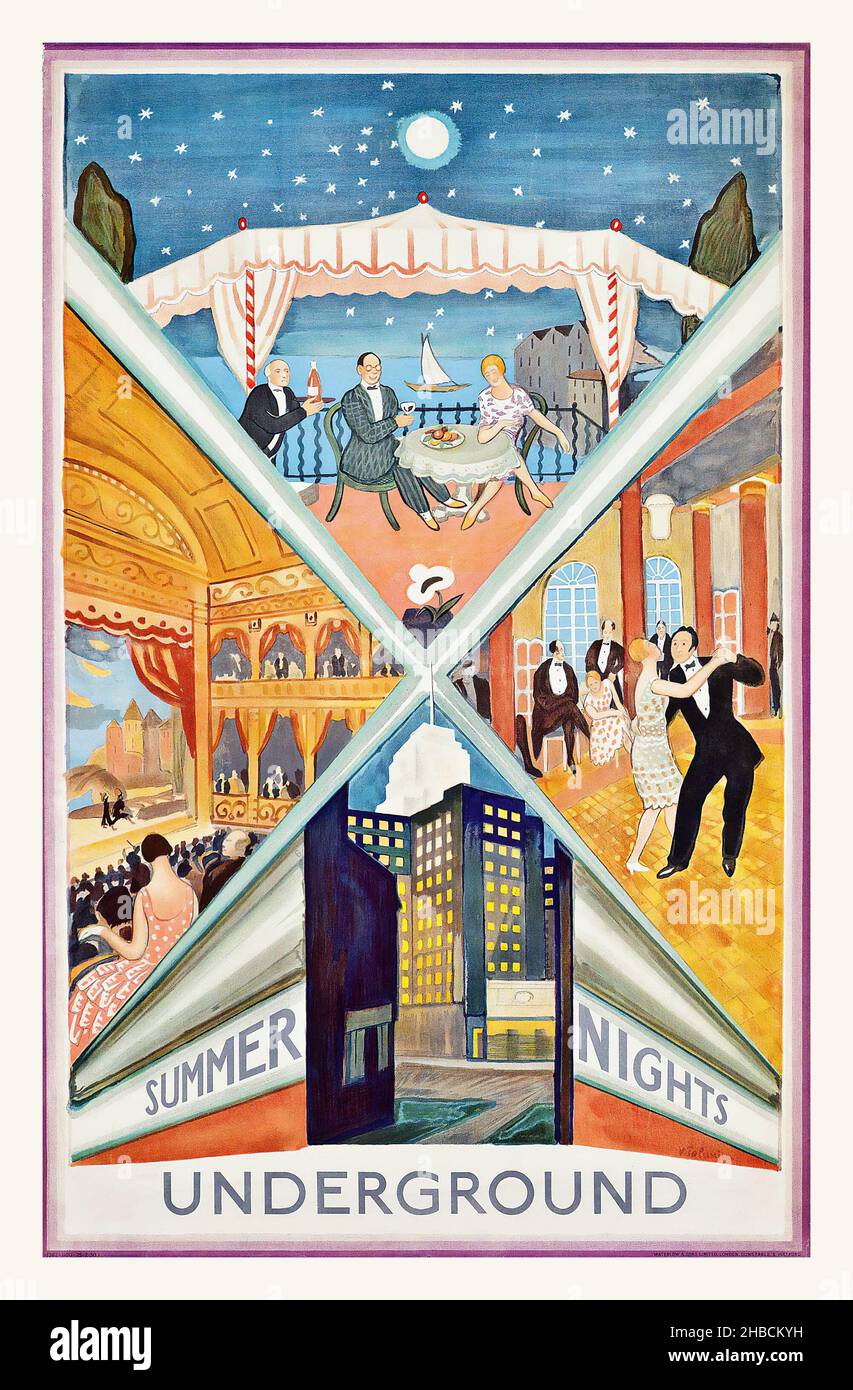 Summer nights, by Vladimir Polunin, 1930 - Vintage advertisement for London transport system, London Underground Stock Photo