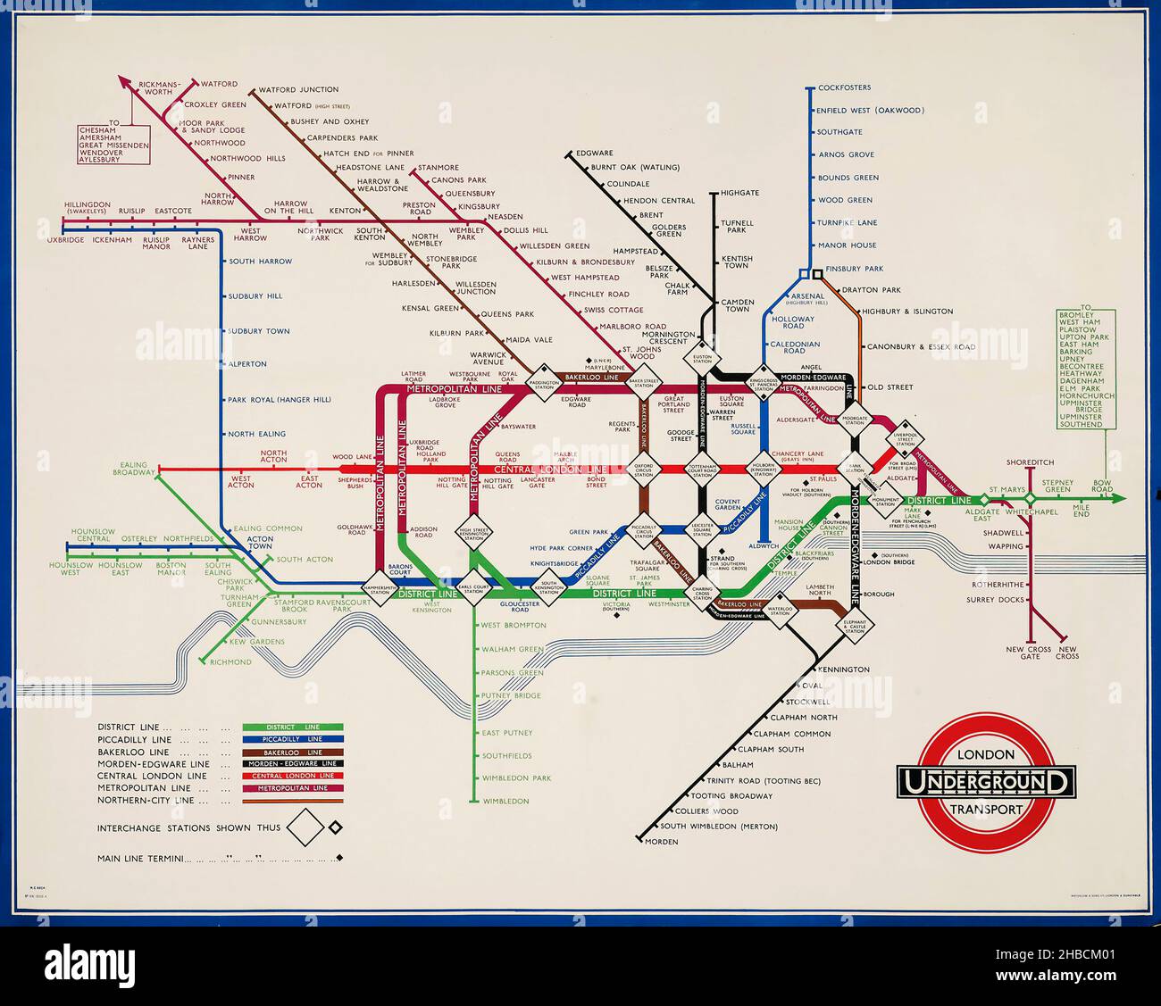 Harry Beck (Henry Charles Beck, 1902-1974) UNDERGROUND MAP, 1936 - Vintage advertisement for London transport system, London Underground Stock Photo