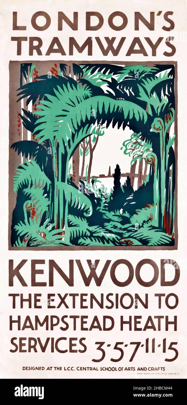 Mary I. Wright - LONDON'S TRAMWAYS, KENWOOD c 1926 - Vintage advertisement for London transport system, London Tramways. Hampstead Heath. Stock Photo