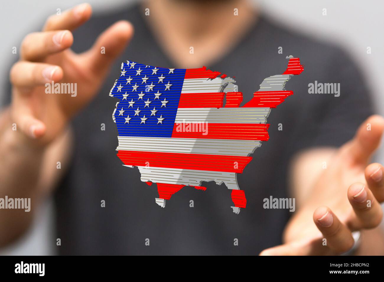 3d rendered USA map hovering over the man's hands Stock Photo - Alamy