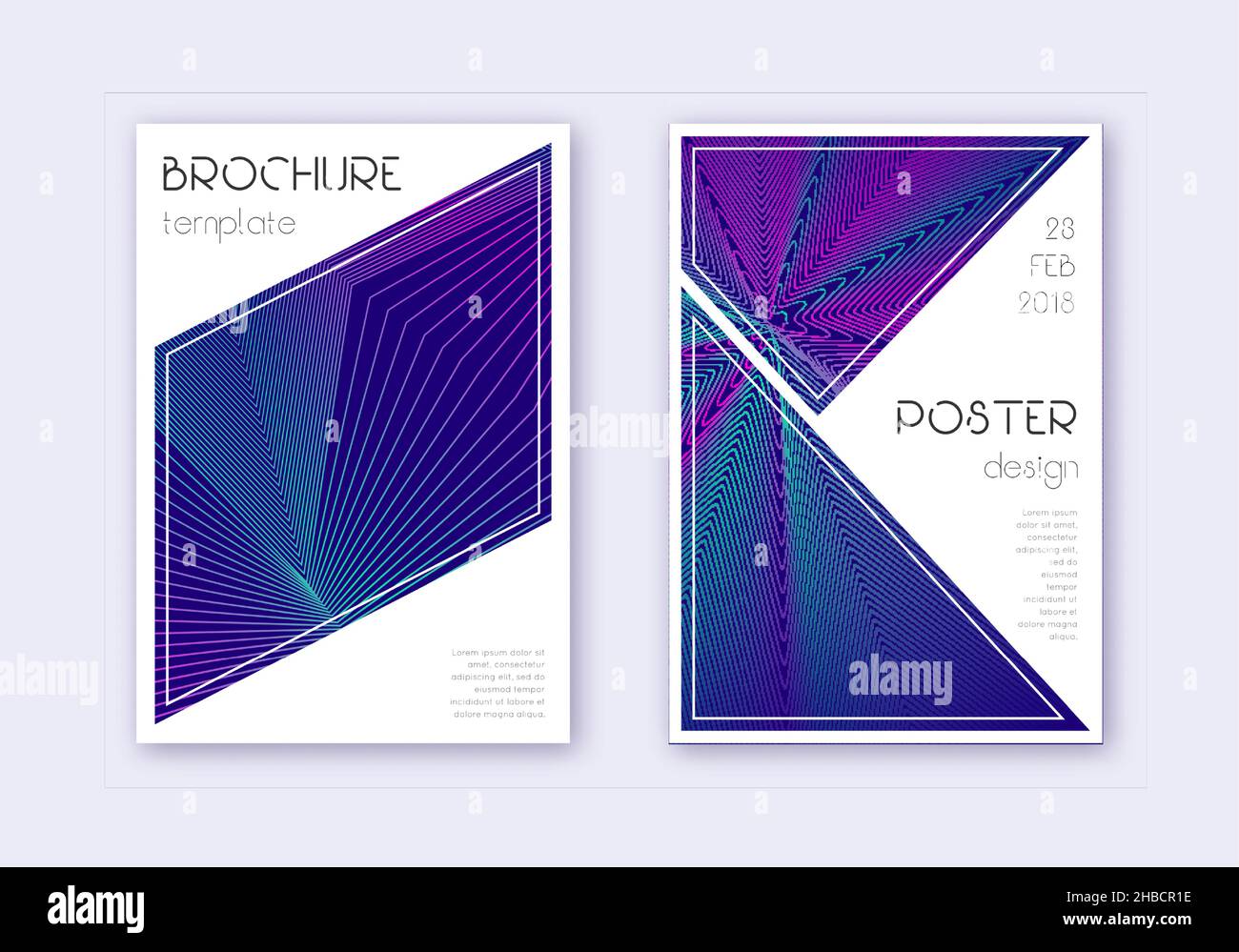 Triangle cover design template set. Neon abstract lines on dark blue