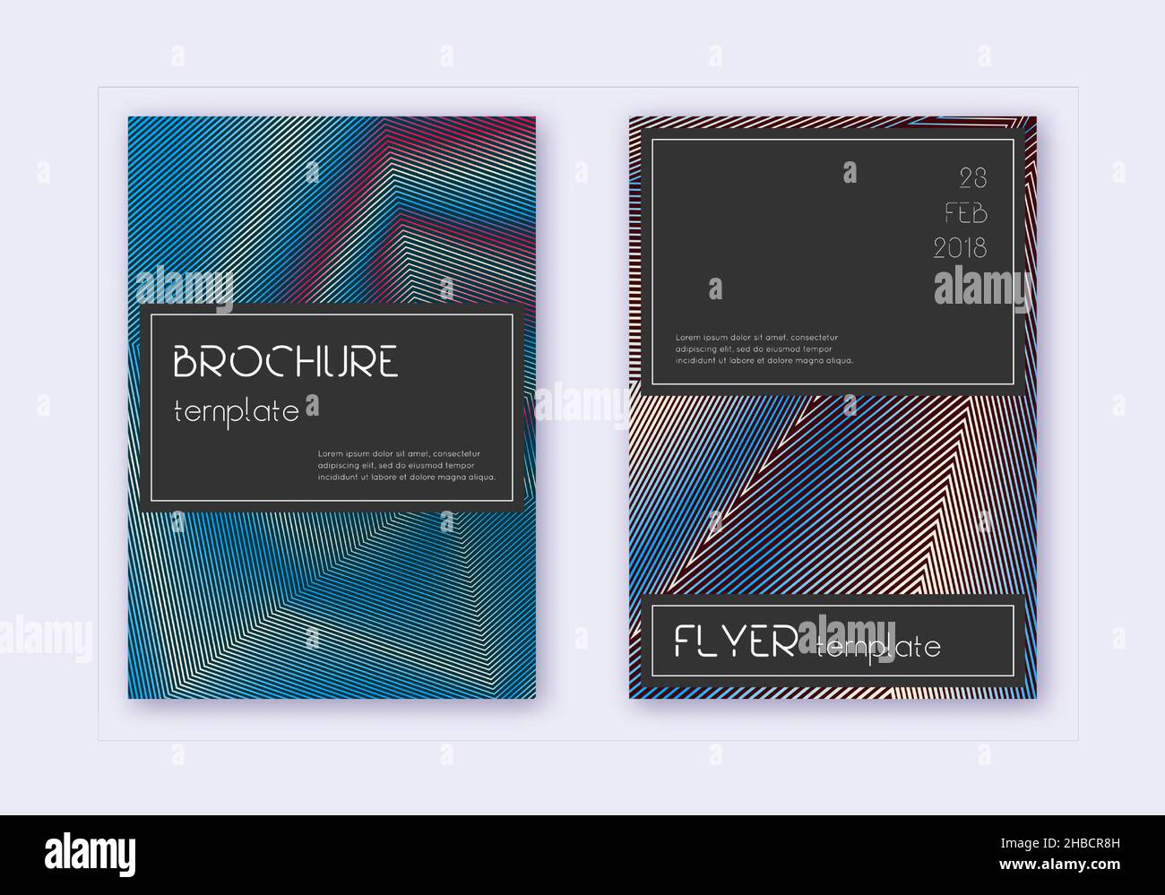 Black cover design template set. Red white blue abstract lines on dark