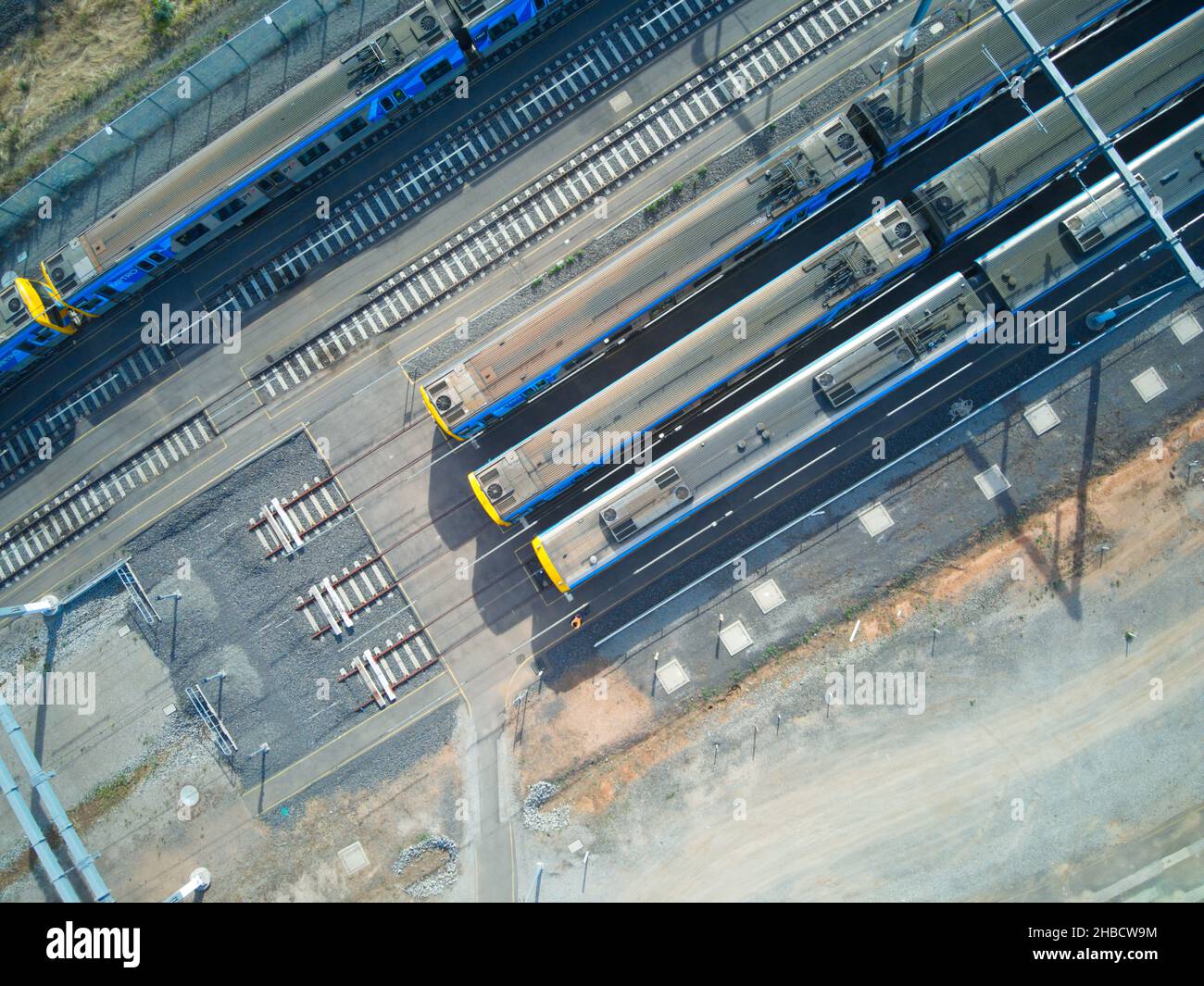 Aerial view trains in formation, Australian intercity public transport ...