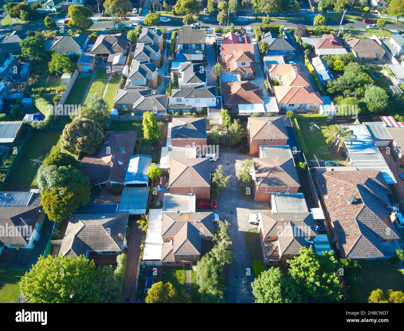 Melbourne aerial suburb view showing residential homes, green trees and