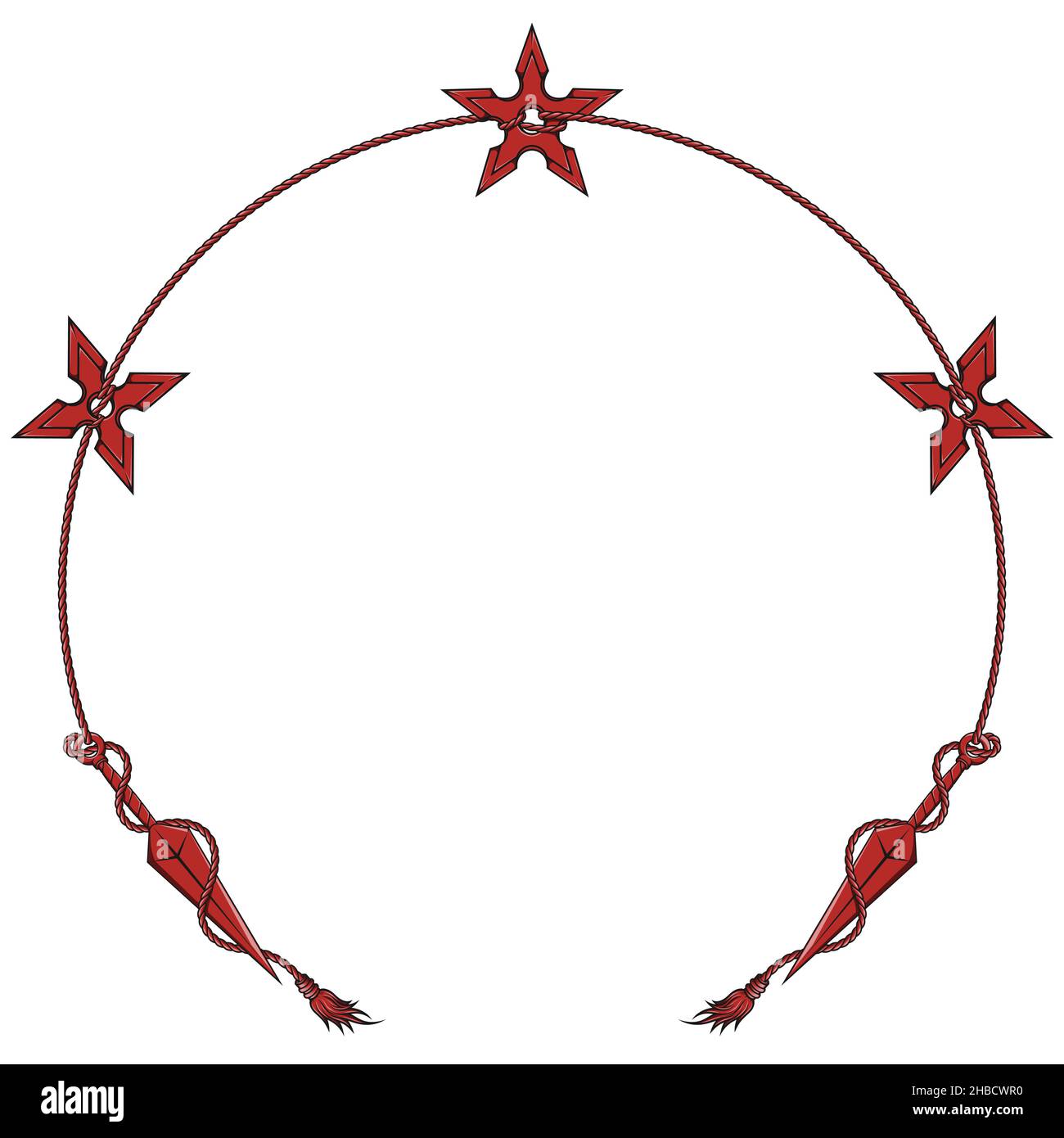 Kunai and Shuriken ninja weapon design tied in circle-shaped rope Stock Vector