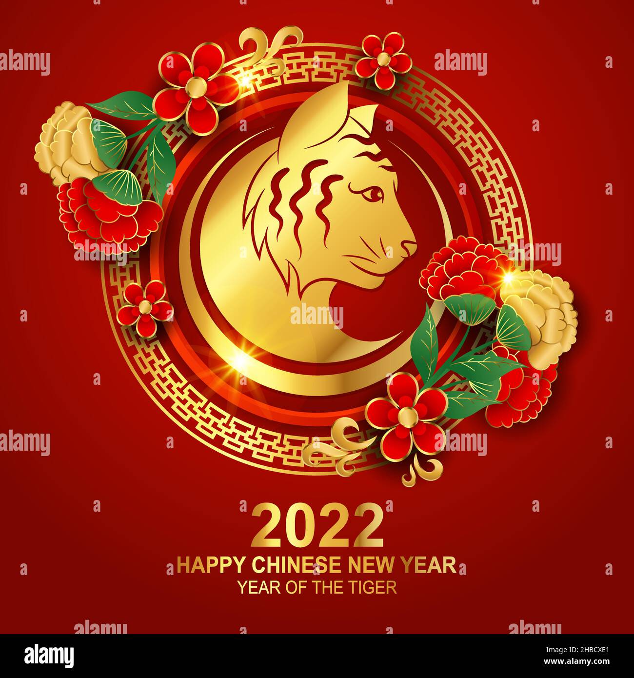 Chinese new year 2022 with golden tiger head and flower badge Stock Vector
