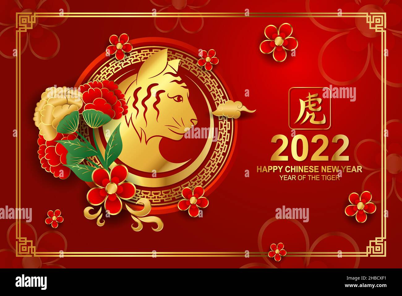 2022 Happy Chinese lunar new year with golden tiger head, floral ornament and red background Stock Vector