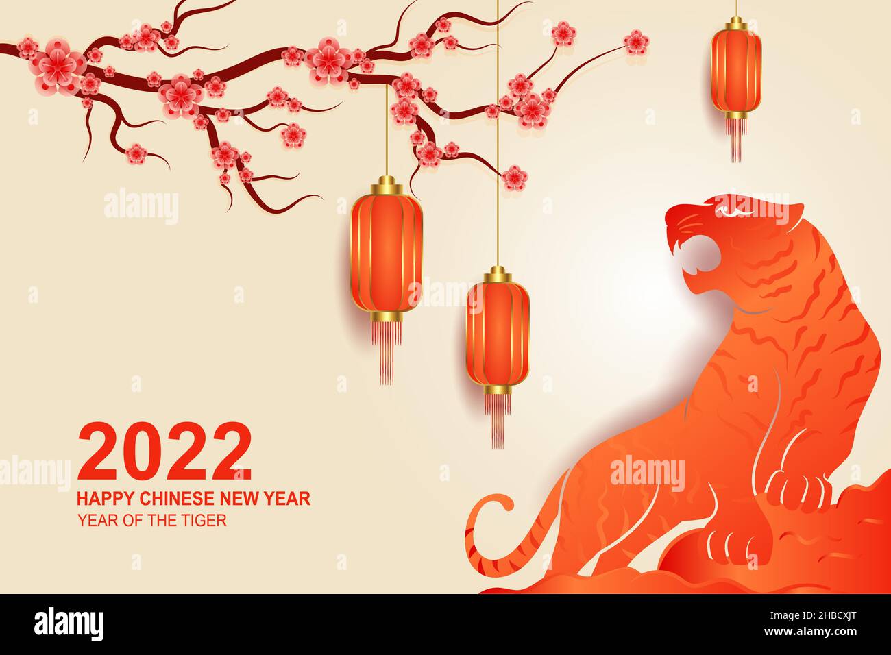 Happy Chinese new year 2022 background with Sakura flower, lantern and tiger illustration Stock Vector