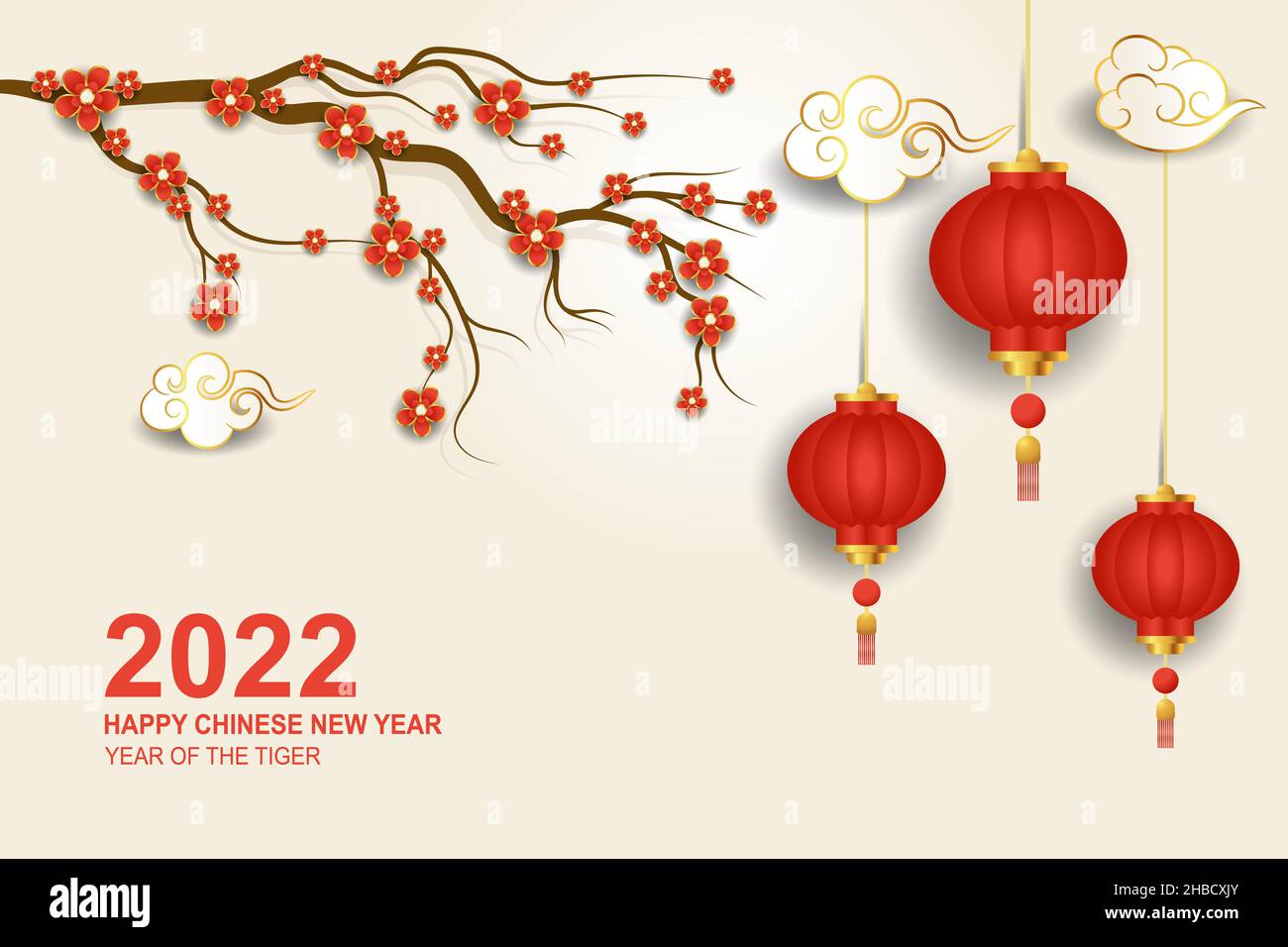 Chinese new year 2022 background with Sakura flower and lantern ornament Stock Vector