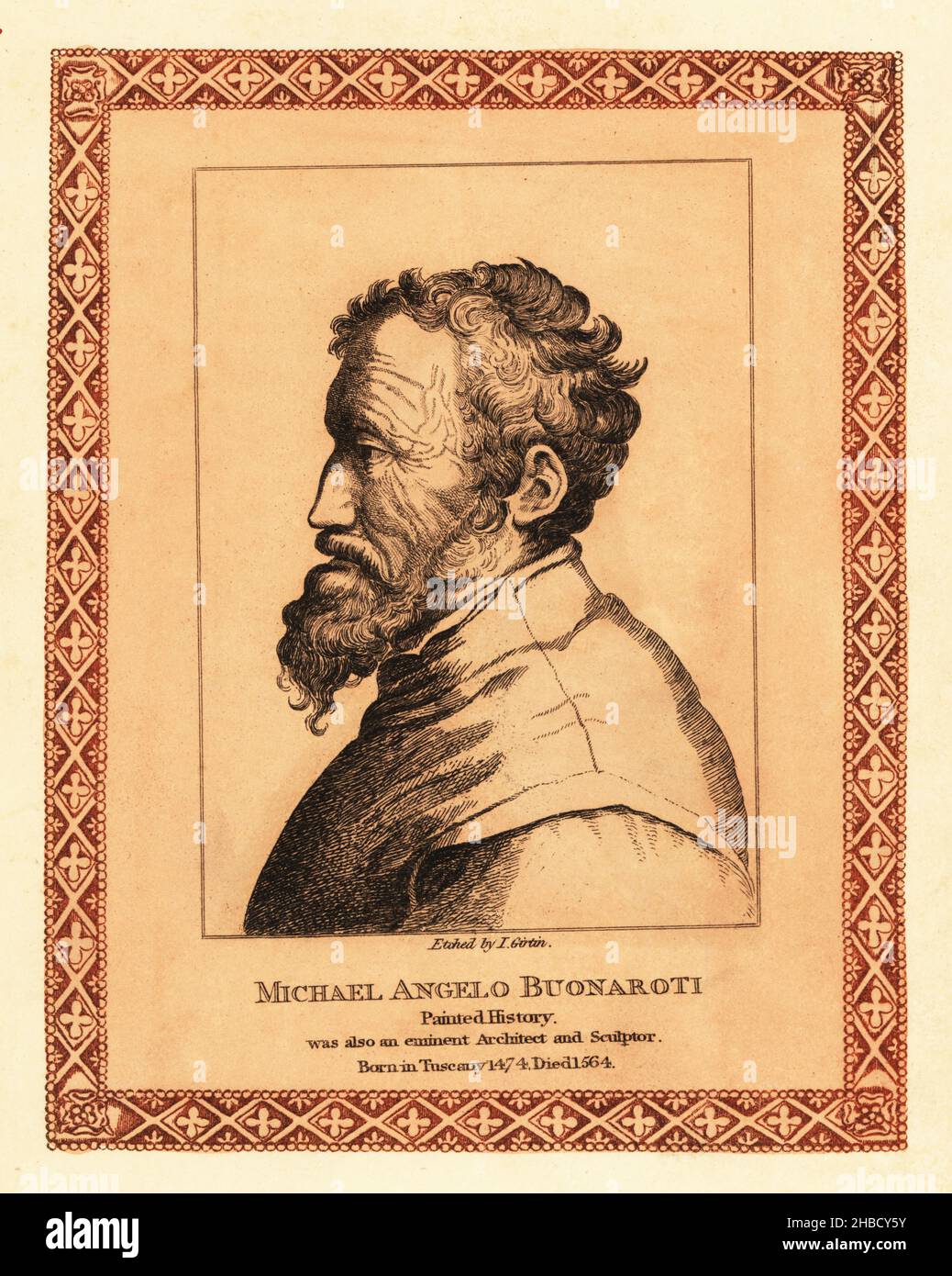 Portrait of Michelangelo (1475-1564), Italian sculptor, painter, architect and poet of the High Renaissance. Tinted etching within a decorative border by John Girtin after an etching by Giulio Antonio Bonasone from John Girtin’s Seventy-Five Portraits of Celebrated Painters from Authentic Originals, J. M’Creery, London, 1817. Stock Photo