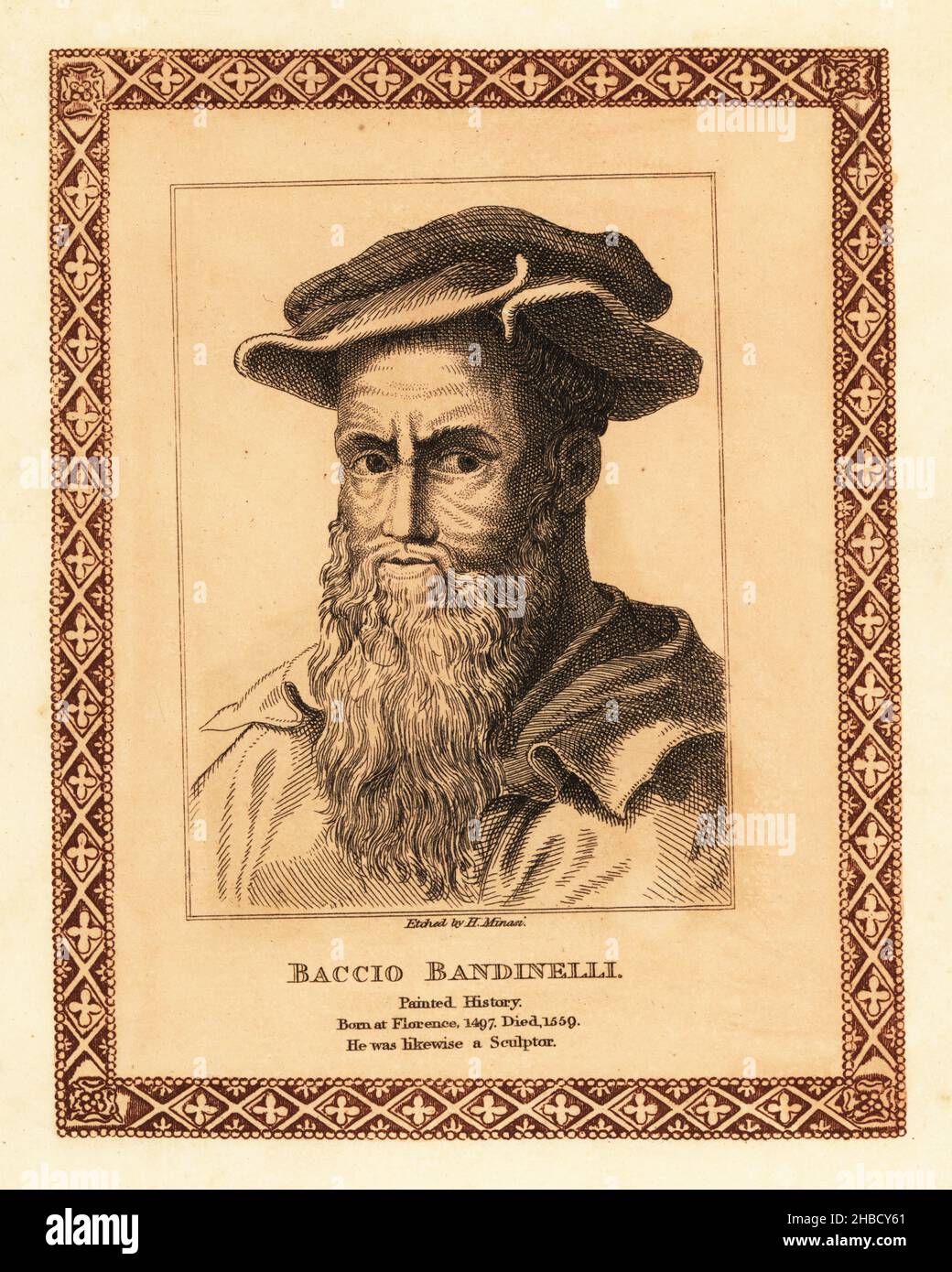 Baccio Bandinelli, Italian Renaissance history painter, draughtsman and sculptor, 1493-1560. Tinted etching within a decorative border by H. Minasi after a portrait by Niccolo della Casa from John Girtin’s Seventy-Five Portraits of Celebrated Painters from Authentic Originals, J. M’Creery, London, 1817. Stock Photo
