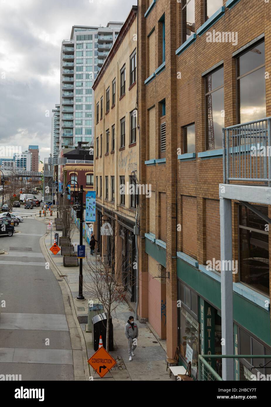 Historical street with buildings small shops in New Westminster, BC