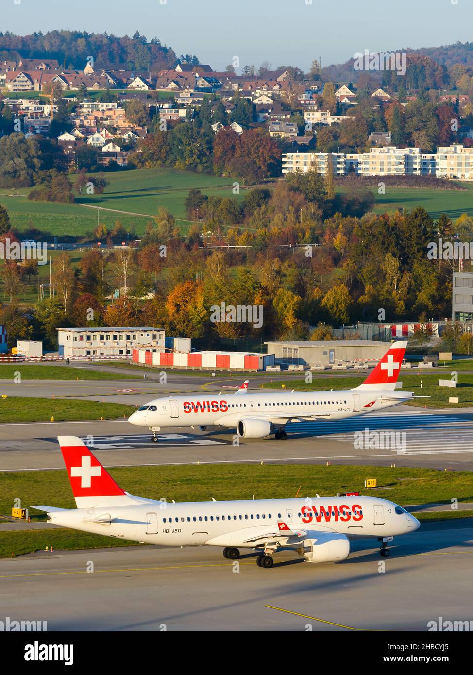 Swiss Air Lines two Airbus A220 aircraft at Zurich Airport. Bombardier