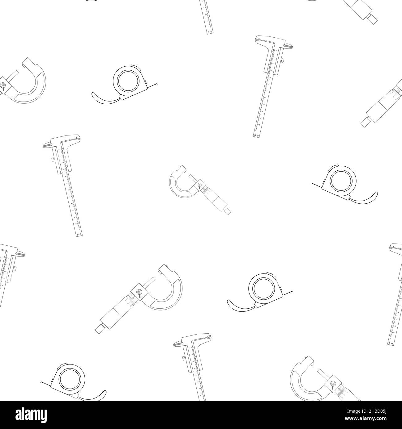 Pattern of flat just a vernier caliper and micrometer smooth, tape measure. Linear design. On a white background. Tools for any specialist. Flat Stock Vector