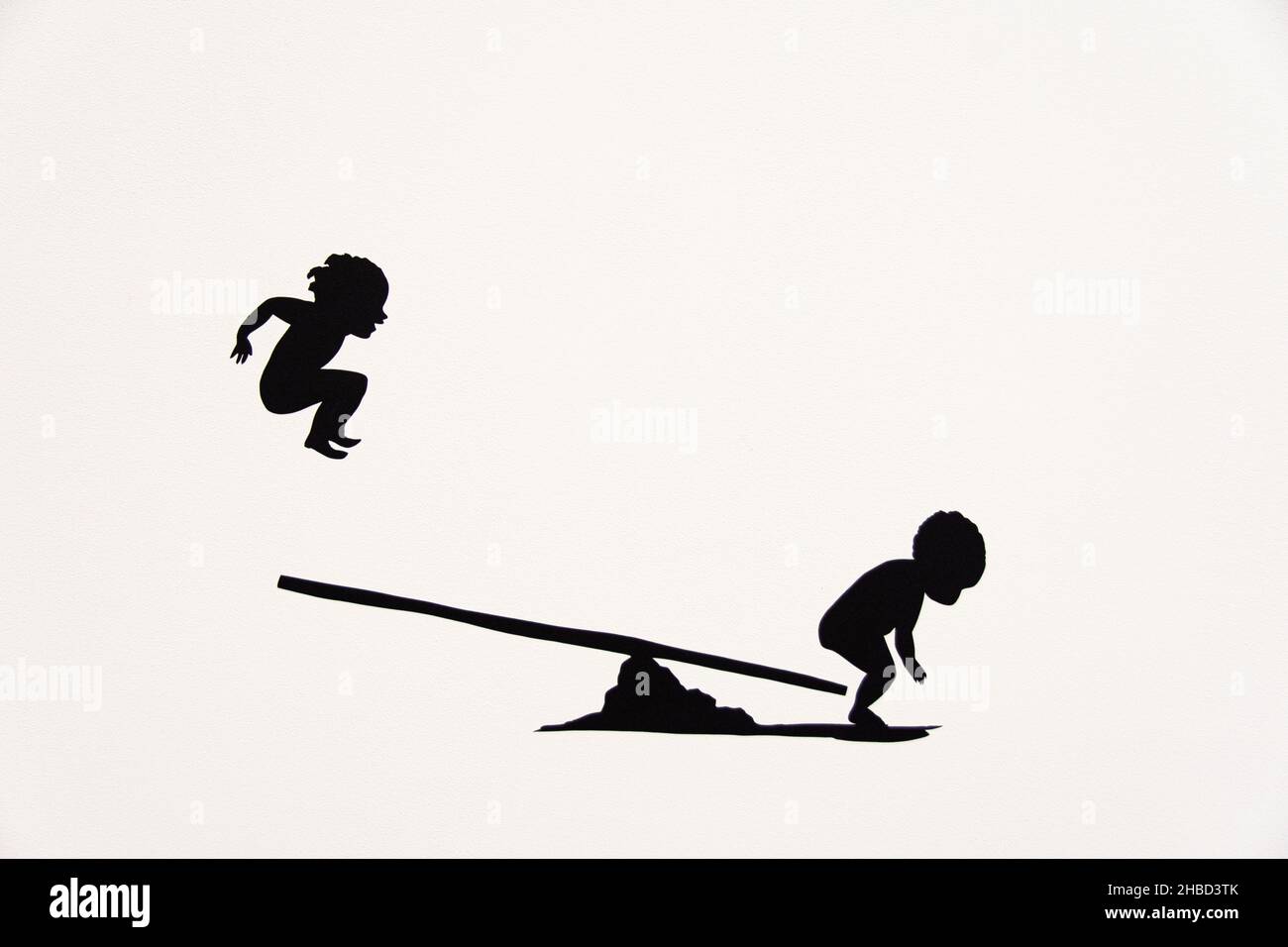 An illustration of two children playing on a teetertotter Stock Photo