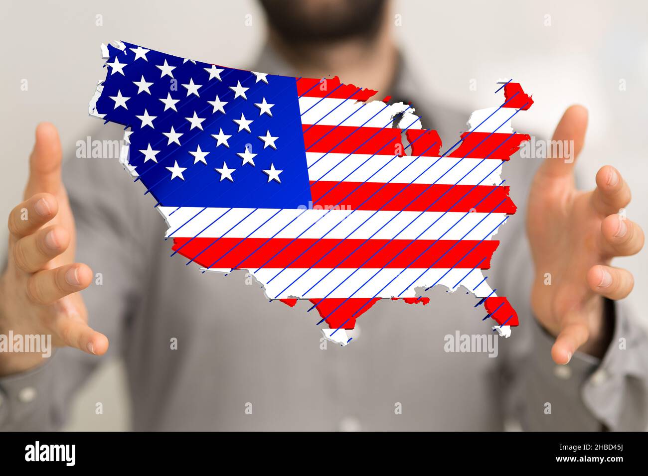 A 3D rendering of the map of the - A 3d Rendering Of The Map Of The United States Of America In A Persons Hands 2HBD45J 