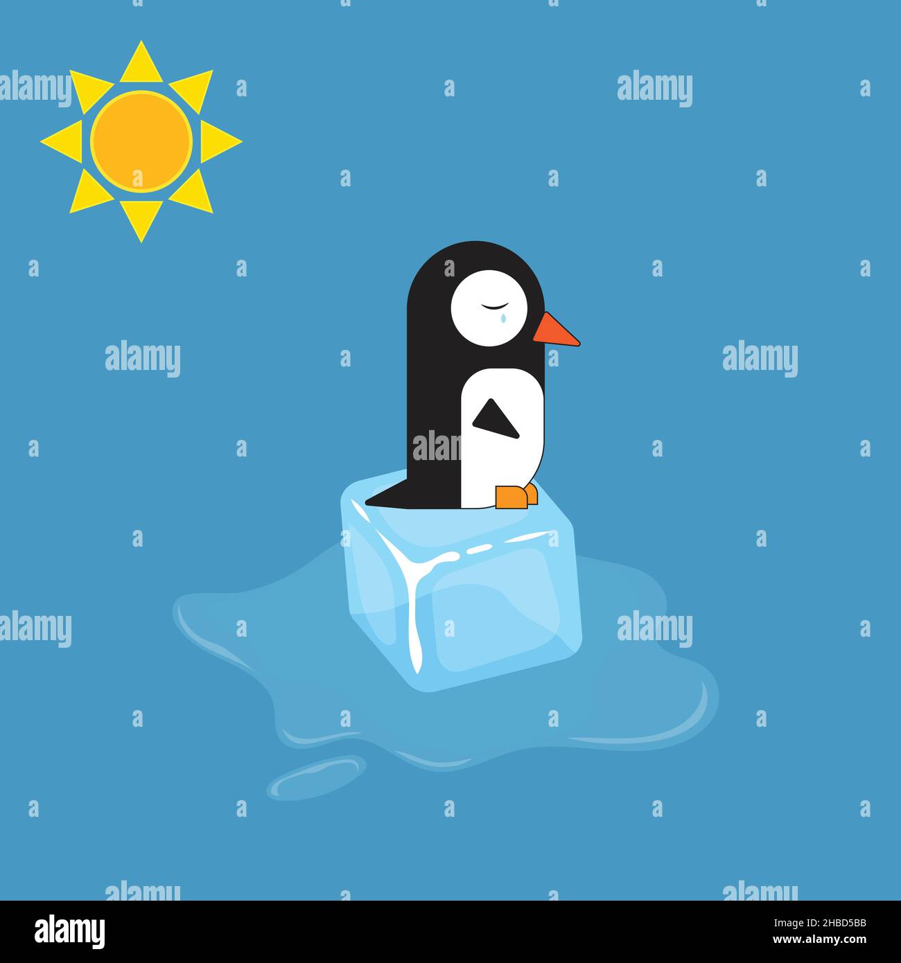 Sad penguin sitting on a melting ice cube, global warming concept Stock
