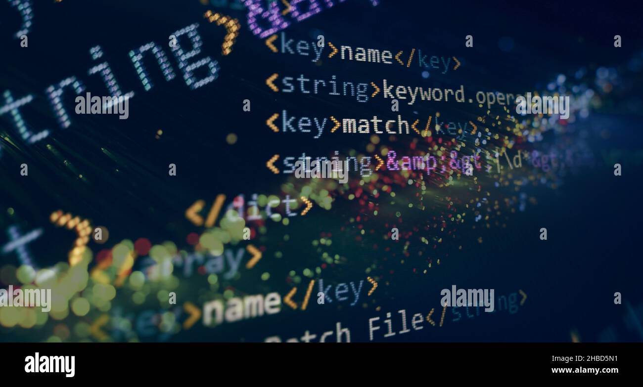 SEO optimization. Modern tech. PHP syntax highlighted. Writing programming functions on laptop. Big data and Internet of things trend. Stock Photo