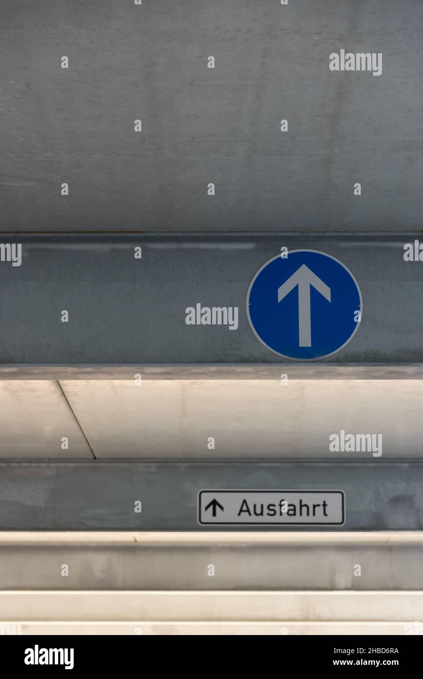 Traffic sign with direction of travel straight ahead and exit Stock Photo Alamy