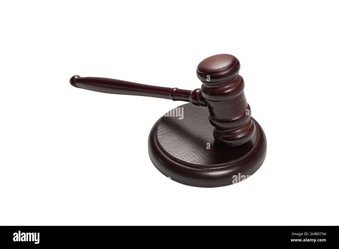 Wooden judge gavel and soundboard isolated on a white background. Justice of law system conceptual. Stock Photo