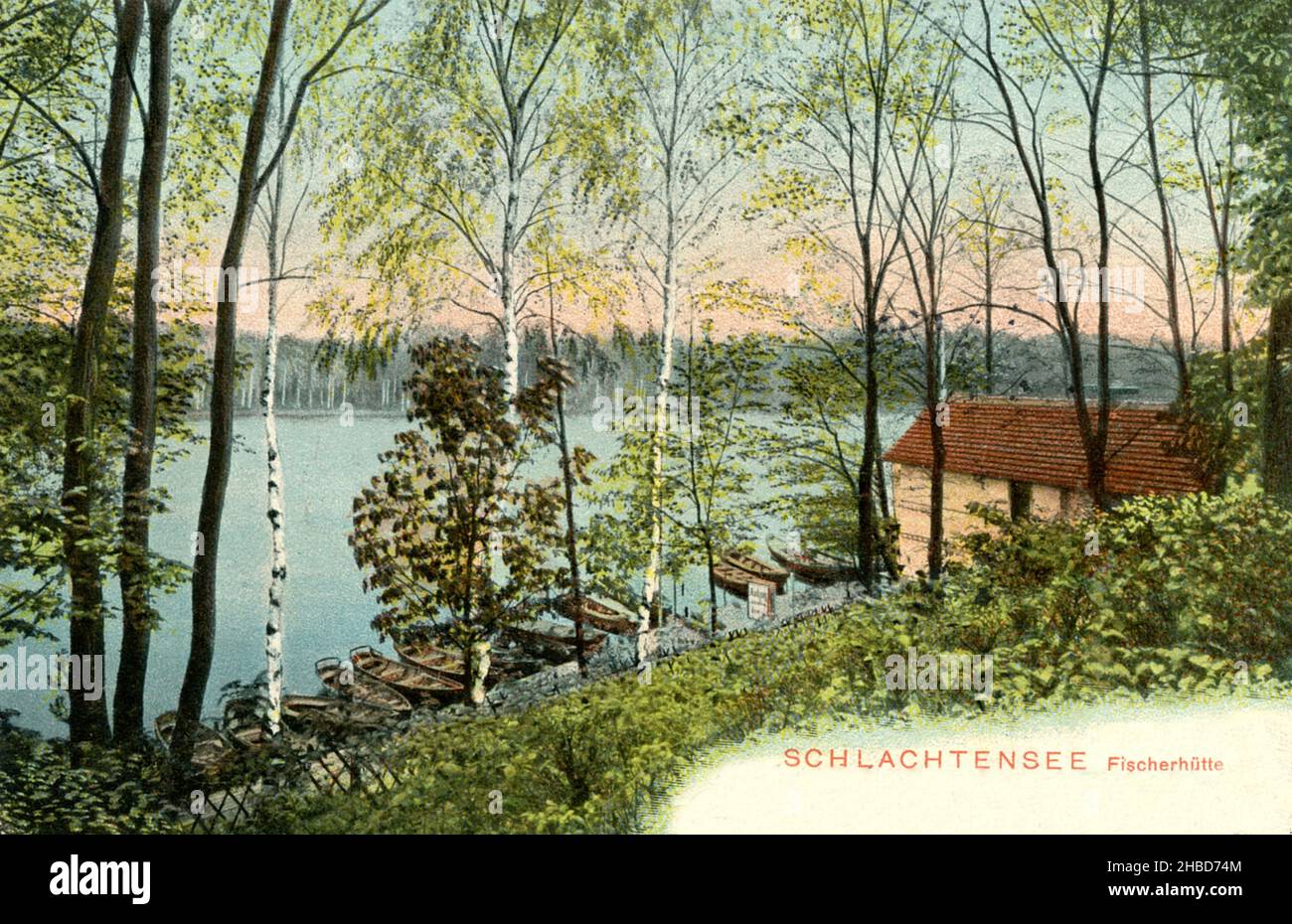 Berlin: fishing lodge at the Schlachtensee ,  (postcard, ), Berlin: Fischerhütte am Schlachtensee Stock Photo