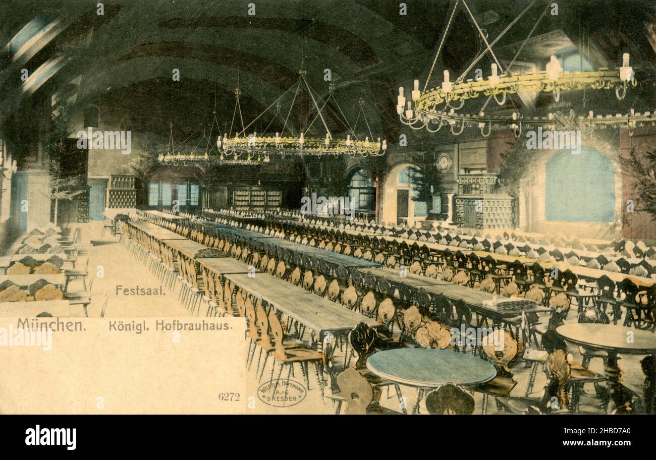 Ballroom in the Royal Hofbräuhaus, Munich. Postcard, used 1906 , Wilhelm Hoffmann (postcard, ), Festsaal im Königlichen Hofbräuhaus, München. Postkarte, gelaufen 1906 Stock Photo