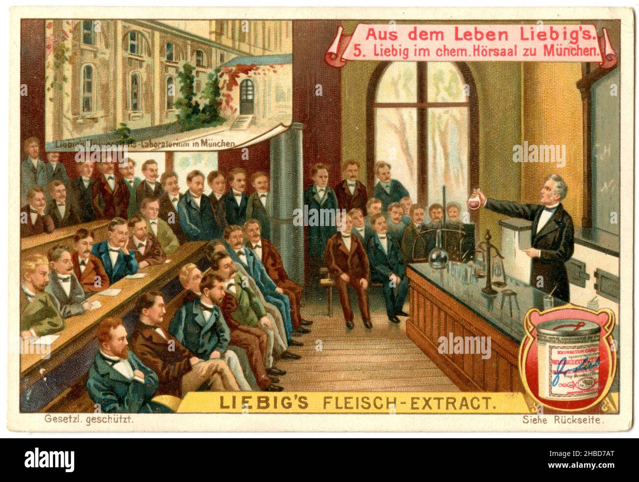 Justus Liebig teaches in the hemic auditorium in Munich. From the life of Liebig. (5.) Text on the back: 'In Munich it was to be further revealed to what high things Liebig was called. He, who had never stood behind a plow, never tilled a field, became the great reformer of agriculture. It was reserved for the youngest of all sciences, chemistry, to bring about a thorough revolution in the oldest of all human trades, agriculture. It was Liebig who taught the scientific principles of plant life, who for the first time revealed the true nature of fertilizer. Liebig's research in the field of agr Stock Photo