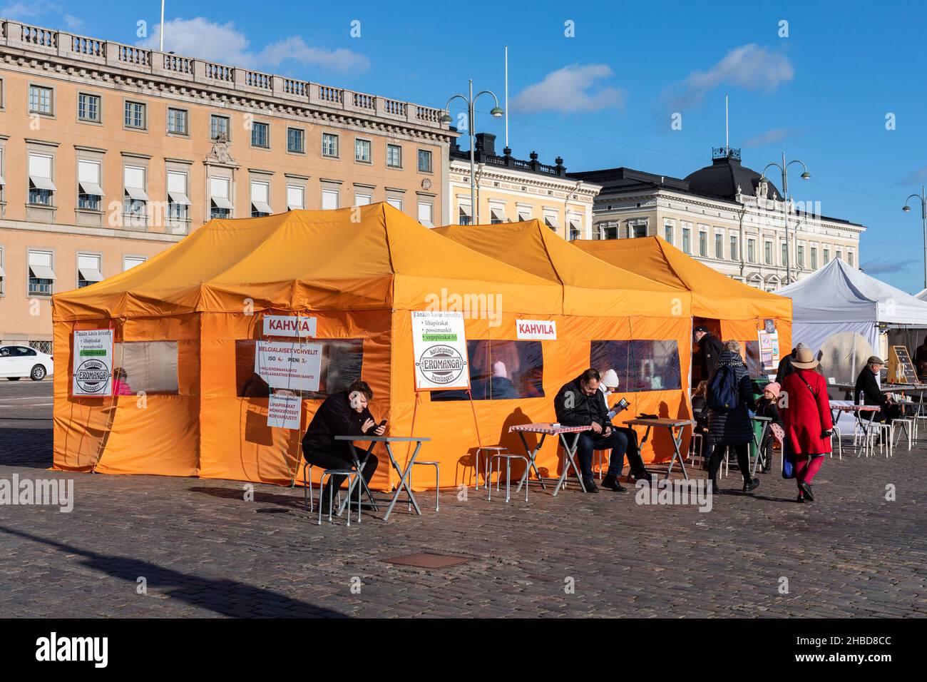 Orange tent café on Kauppatori or Market Square in Helsinki, Finland Stock Photo