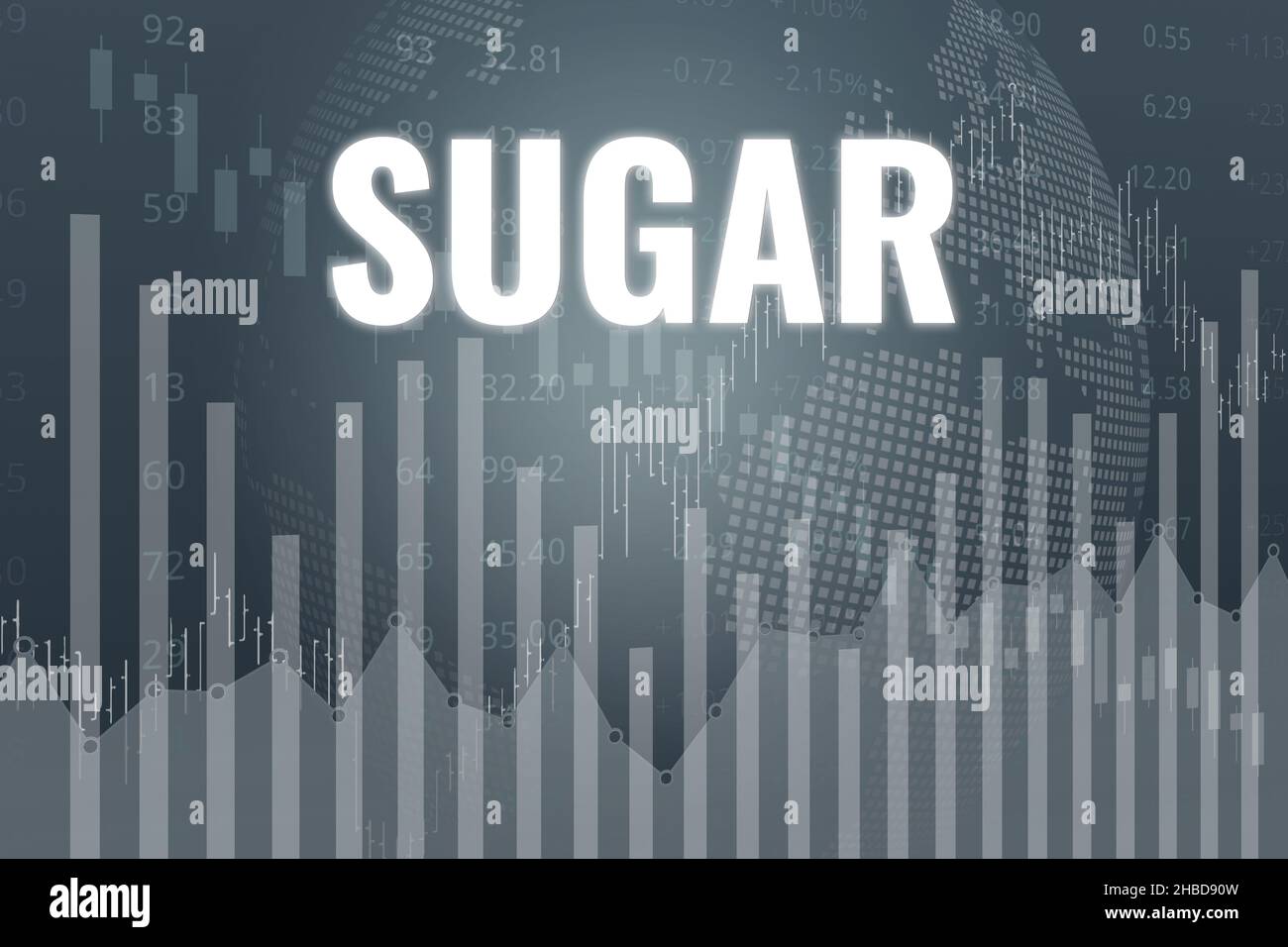 Price change on trading Sugar futures on gray finance background from graphs, charts, columns, pillars, candles, bars, number. 3D render. Financial de Stock Photo