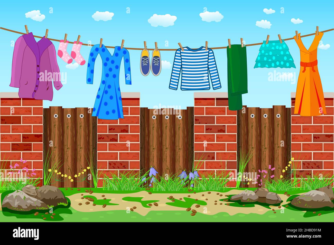 Laundry hanging on a clothesline over fence. Washing line and clothes in garden.Drying laundry in backyard.Clothes hanging on rope.Vector illustration Stock Vector