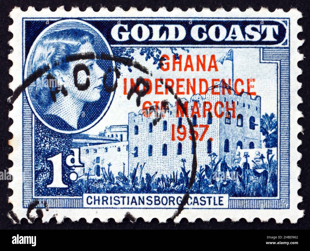 GHANA - CIRCA 1957: a stamp printed in Ghana shows Stamp of Gold Coast Overprinted in Red, Ghana Independence, Christiansborg Castle, circa 1957 Stock Photo